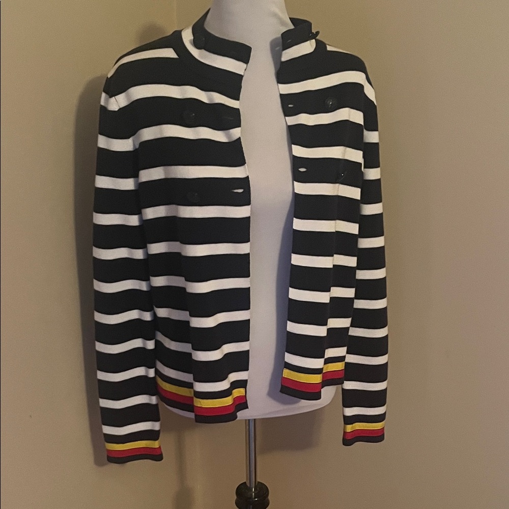 Brooks Brothers Navy Striped Cartigan with Multicolor Trim